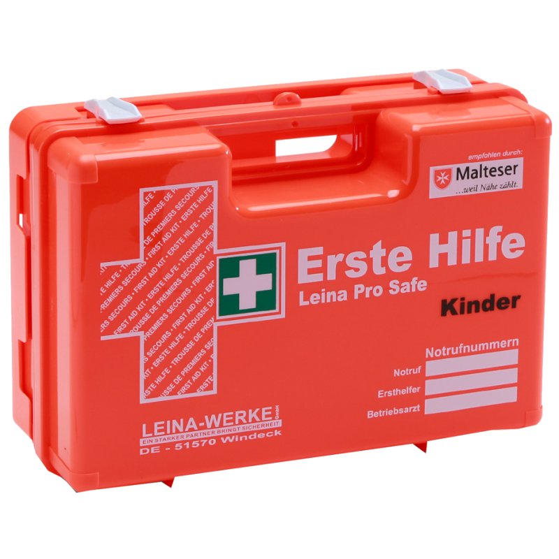 LEINA Pro Safe first aid box for children, DIN 13157, fluorescent orange, 310×210×130 mm